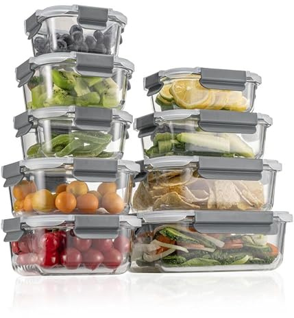 Glas-Frischhaltedosen Set für Lebensmittel,18 Teile (9Behälter, 9 Transparente Deckel) Spülmaschinen, Mikrowellen & Gefrierschrankfreundlich - Auslaufsicher, BPA-frei