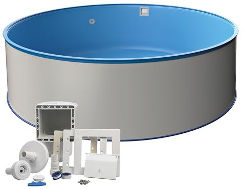 Juego de piscina redonda de pared de acero de 8,00 x 1,20 m, pared de acero de 0,6 mm, incluye rieles de suelo y pasamanos, juego de skimmer empotrable, funda interior de 0,6 mm, color azul, fabricado
