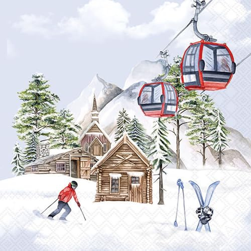 20 Servietten Winter Lift an Skihütte als Tischdeko. Papierservietten mit Motiv. Auch für Decoupage und Serviettentechnik 33x33cm