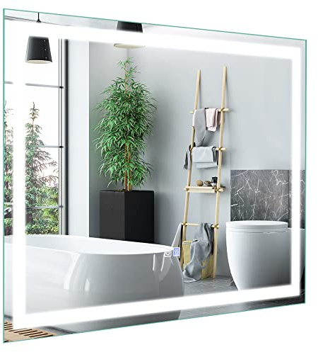 GYMAX Specchio da Bagno a LED, Specchio da Parete con 3 Colori di Luce e Luminosità Regolabile, Specchio da Toilette a LED con Funzione Antiappannamento, per Bagno, Camera da Letto (Rettangolare)
