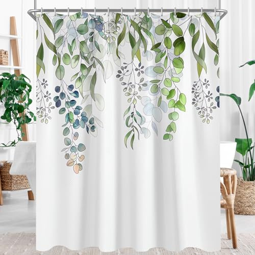 Lerores Tenda da doccia 80 x 200 cm, tessuto antimuffa con foglie verdi, orlo zavorrato, impermeabile, lavabile, in poliestere, con occhielli e 6 anelli per tenda da doccia