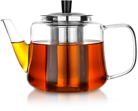 Glass teapot with Infuser, Ehugos 1000ml Stovetop Safe Hand Crafted Clear Glass Teapot with Removable Infuser for Loose Leaf Tea and Blooming Tea