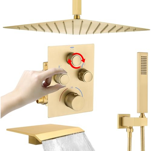 Brushed Gold Thermostatic Mixer Shower System with 16 Ceiling Mount Square Rain Shower Head, Handheld, Waterfall Tub Spout, Push-Button Valve and Trim Kit