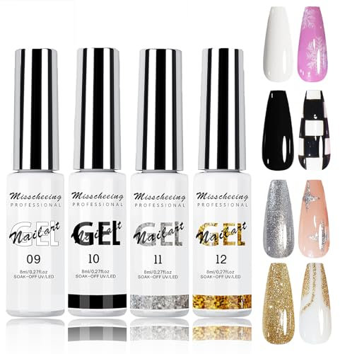 4 Farben Gel Liner Nagellack Set - Schwarz Weiß Glitter Gold Silber Gel Liner Nagellack - UV Shellac Gel Polish For Drawing Lines, French Manicure für Nagel Design