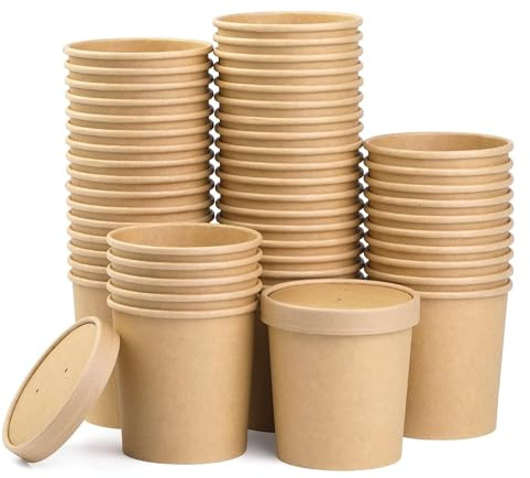 CaterCo Disposable Kraft Soup Containers with Lids - (16oz / 470ml - 50 Pack) Brown Paper Takeaway Paper Soup Cups, Microwave & Freezer Safe Ice Cream Container, Eco-Friendly (16oz / 470ml - 50 Pack)