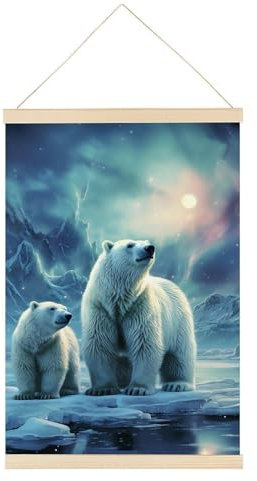 Polar Bears Northern Lights_ Magnetischer Posteraufhänger Rahmen 60 x 39 cm Holz Holzmagnet Leinwand Kunstwerk Hängender Posterrahmen Posterhänger mit Seilmagnet für Poster, Drucke, Fotos, Bilder, M