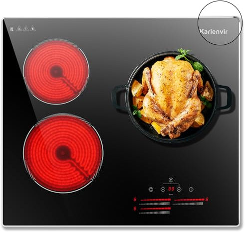 Karienvir Plaque Vitrocéramique 3 Feux, 60CM, Plaque de Cuisson 5500W, Minuterie, verrouillage de sécurité, double zone annulaire, 9 niveaux de puissance, pas de bouchon