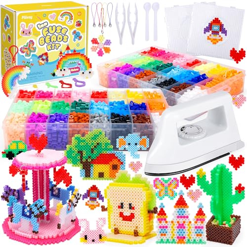 Pllieay Lot de perles à repasser de 5 mm, 48 couleurs Melty Beads pour le bricolage, kit de perles en fer avec fer amélioré, 2 planches enfichables, papier à repasser et accessoires de chaîne pour