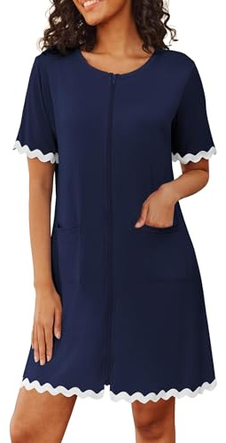 Ekouaer Women Zip Up Robe Lightweight Housecoats with Pockets Knee Length Short Bathrobes Soft Nightgown S-3XL
