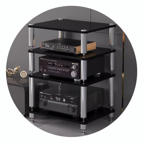 AV-Regal mit stoßdämpfenden Füßen – HIFI-Ständer für Audio-Video-Komponenten, 2/3/4 Ebenen, HiFi-Rack, Plattenspieler-Ständer und SchrankGröße: 60 x 48 x 80 cm, 4 Ebenen, Farbe: Schwarz