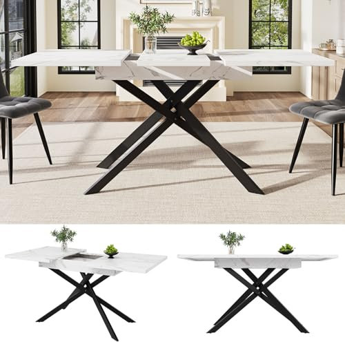 Billg Esstisch Ausziehbar 120-160 x 80cm, Moderner Rechteckiger Küchentisch für 4-6 Personen, Multifunktional Marmor-Finish Esszimmertische Küchen für Wohnzimmer, Esszimmer, Camping