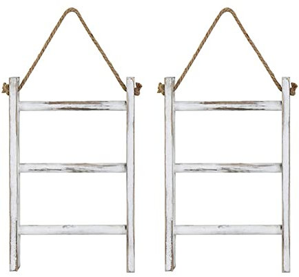 Reinscer 2X Échelle de Suspendue Au Mur échelle de Comptoir en Bois Blanchi à La Chaux Rustique Porte-Serviettes de Décor de Ferme avec Corde Réglable