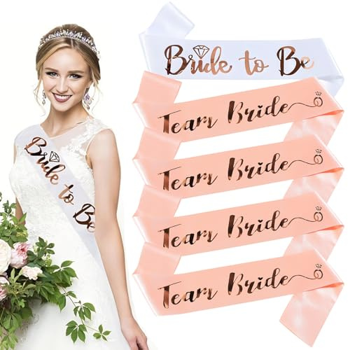 poraceous 5 Pezzi Addio Nubilato Gadget Sposa, Bride to Be Decorazione, 1 Fascia Sposa Bianca + 4 Fasce Mariée di Squadra, con Scritte in Oro Rosa, per Addio al Nubilato, Sposa di Squadra, Matrimonio