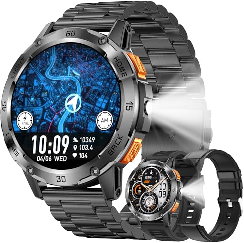 SGDDFIT Military Smart Watch (Answer/Make Calls) for Men, 1.53 Smart Watch for Android and iPhone, IP68 Fitness Tracker with Flashlight/Compass/Heart Rate/Sleep/100+ Sport Modes(3 Straps) (Black)