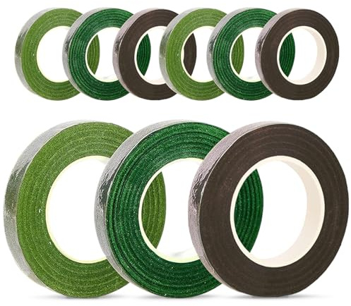 LandReCol 9 Stück Floristenband 243m Flora Kreppband 12mm Selbstklebend Flora Kreppband 3 Farben, Grün, Hellgrün, Braun für Blumensträuße & Arrangements Bastelzubehör (27m/Rolle)