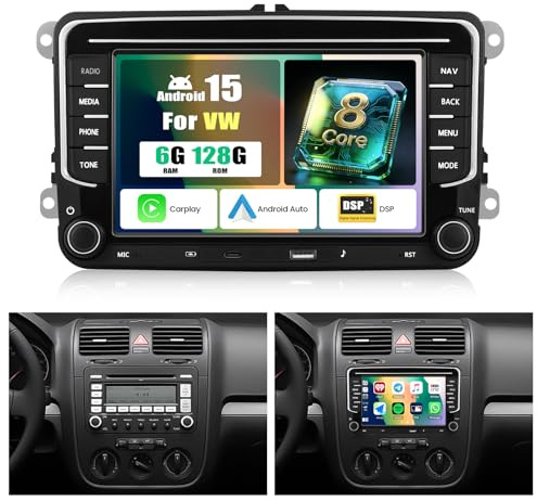 8 Core 6 + 128G Android 15 Autoradio für VW Passat Golf Sitz Altea Jatta Skoda, 7 IPS 2.5D -Auto -Radio mit drahtlosen Carplay Android Auto/FM/RDS/32EQ/DSP/GPS/Wifi/SWC + AHD Backup -Kamera