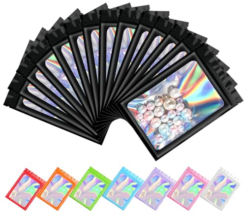 Plaphy 100 Sacchetti Olografici in Alluminio con Finestra (Nero,10x18 cm) | Buste Olografiche in Mylar per Alimenti,Bustine Ermetiche Colorate con Zip Richiudibili per il Confezionamento,Conservazione