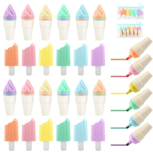 Unikeen 24 Piezas Mini Subrayadores,6 Colores Mini Marcadores Fluorescentes Forma de Helado Subrayadores, Resaltadores Divertida Regalos de Cumpleaños para Colegio y Detalles para Invitados