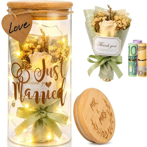 SENLINLIN Hochzeitsgeschenke für Brautpaar, LED Flaschenlicht Hochzeit Geldgeschenk mit Trockenblumen & Anhänger, Just Married Spardose, kreative Geldgeschenke zur Hochzeit