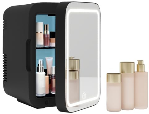 eklipt 4 Liter Mini Fridge with Dimmable LED Mirror, AC/DC Skincare Fridge | 6-Can Portable Beauty Fridge for Makeup, Skincare, Food, Desk Refrigerator for Bedroom, Office, Car, Black[Energy Class F]