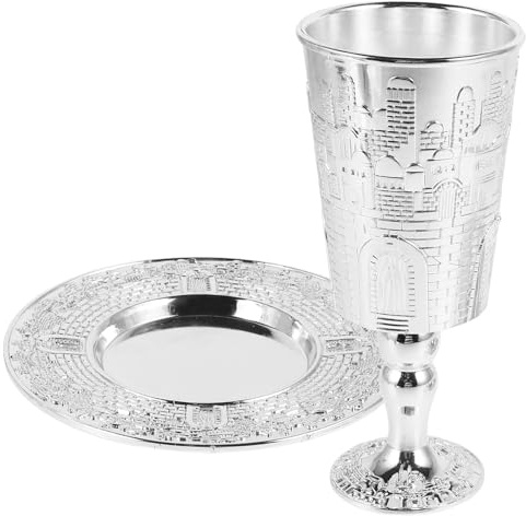 HOLIDYOYO Set de Coupe Kiddouch Shabbat avec Soucoupe Ensemble Élégant Judaica pour Vin Sacré Calice Robuste Alliage pour Célébrations Juives