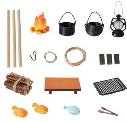 Vdaxvme Set da campeggio dettagliato per casa delle bambole con simulatetion pit impilato in legno e utensili da cucina in miniatura per la disposizione delle scene realistici falò da campo scenici