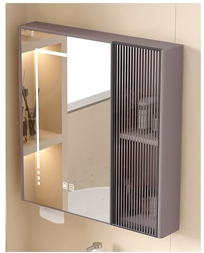 Armadietto da bagno con specchio a LED da parete con pulsante antiappannamento grigio design moderno sopra la toilette organizer per trucco [dimensione]