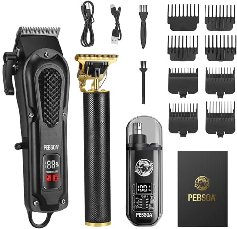 pebsoa® Professional Men's Hair Trimmer Set, Cordless Hair Clippers for Men, Includes a T-Shaped Trimmer and a Nose Hair Trimmer,LCD Battery Level Display（Black）