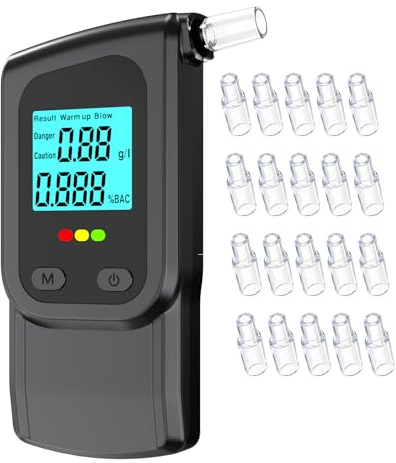Uwelliky Alcoholimetro Portátil con Pantalla LCD Retroiluminada, Sensor Semiconductor Probador de Alcohol, Resultados Rápidos y Precisos, Alcoholímetro Profesional con 20 Boquillas