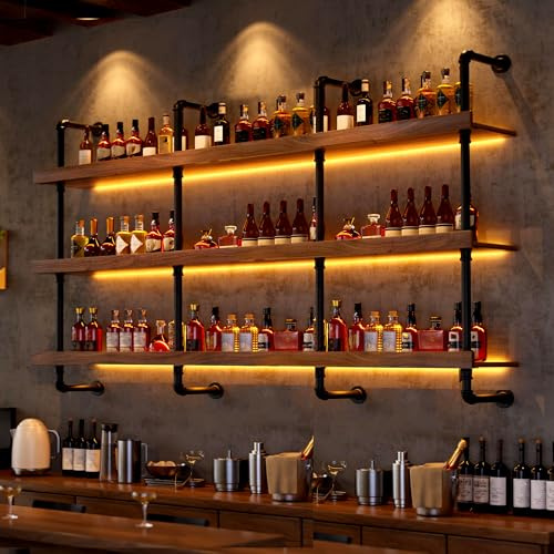Dernoing Wall Mounted Wine Rack with LED Light, 2CM Thick Solid Wood Industrial Pipe Liquor Shelf for Wine Bottles Display, Large Floating Wall Bar Shelves for Home, Kitchens Coffee Shop (120cm)