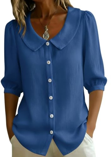 Onsoyours Camicia Estiva Donna Blusa Lino Elegante Maniche a 3/4 Scollo a V Button Down Camicetta Tinta Unita Top A Blu M