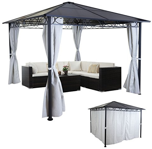 Mendler Hardtop Pergola HWC-C77 Kunststoffdach Seitenwand Alu hellgrau 3x3m | Garten, Pavillon