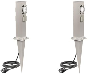 ledscom.de 2 Stück Garten-Steckdosen-Säule Polly mit Erdspieß und 2m Kabel für außen, IP44, 3-Fach mit Timer/Zeitschaltuhr, Edelstahl, eckig, 38cm