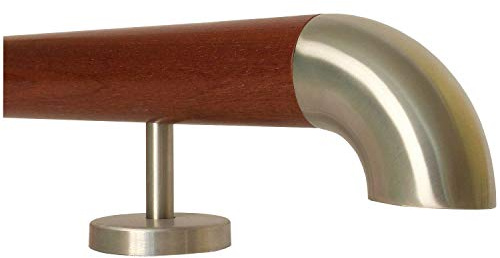 Mogano Corrimano per scale in legno manico dritto in acciaio inox, lunghezza 30 – 500 cm in un unico pezzo/ad esempio lunghezza 140 cm con 3 supporti dritti – estremità = arco in acciaio inox