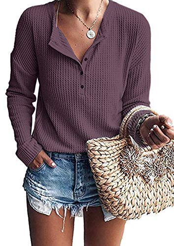 WNEEDU Pull Femme à Manches Longues en Tricot Gaufré Tunique T-Shirt Chemise Henley Décontracté Col V avec Boutons