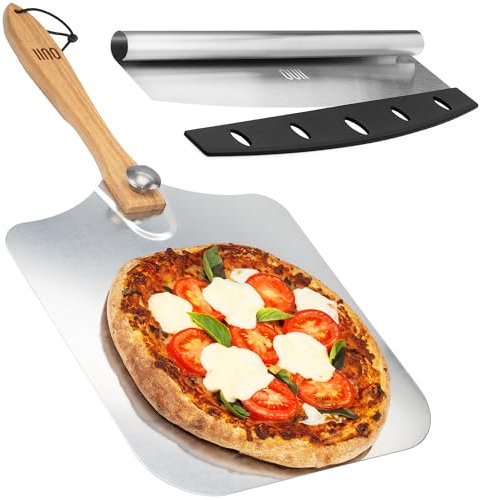 OUII Pizza Peel with Cutter - 12 x 14-inch Metal Turning Peel, 14'' Pizza Cutter with Blade Cover - Premium Pizza Spatula Paddle, Pizza Oven Accessories Compatible with Ooni, Blackstone, Gozney