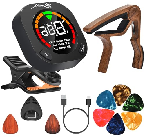 MOREYES Afinador de guitarra recargable con clip cromático, guitarra, bajo, violín, ukelele, incluye cejilla y púas de guitarra y soporte