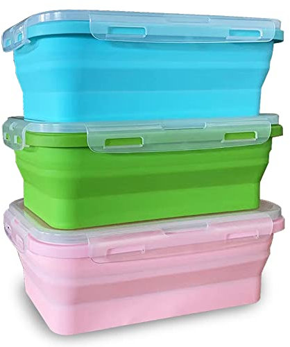 JUVEL Silikon-Frischhaltedosen mit Deckel, 3 Stück, 1200 ml, Silikon-Lunchbox, wiederverwendbar, platzsparend, Silikonbehälter für Mikrowelle, Gefrierschrank, spülmaschinenfest, BPA-frei (Blau, Rosa