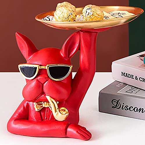 DUNAKE Storage Tray,Französische Bulldogge Skulptur mit Edelstahl Tablett,Gold Tablett,Schmuck ​Tablett,für die Lagerung von Kerzen, Getränken, Früchten, Parfums (Color : Red)
