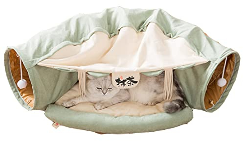 2 in 1 Katzentunnel Bettschlauch mit Kissen und Plüschball Spielzeug Spielplatz Knistern zusammenklappbar für große Katzen Kätzchen Kitty Welpe Kleine Hunde Faltbar Weiches Haustier Spielbett Indoor