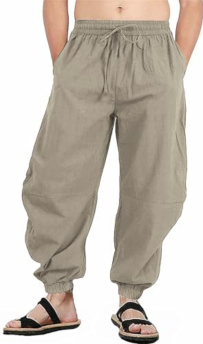perdontoo Mens Casual Cotton Linen Pant Elastic Waist Drawstring Yoga Jogger Pants (Small, Light Coffee)