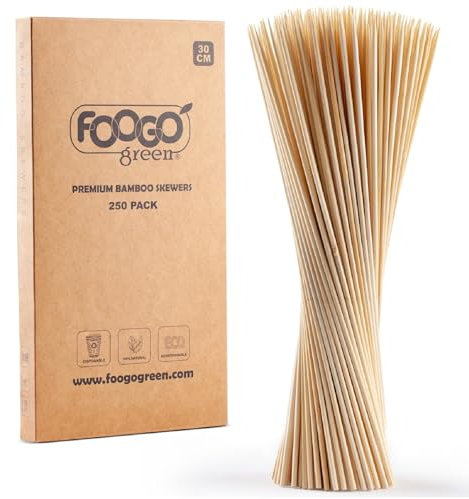 FOOGO Green 250pcs Large 30cm, Bamboo Skewers, FSC® Certified, Sturdy Eco-Friendly Wooden, Barbecue, BBQ & Kebabs Skewers, Fruit Picks, Cocktail Sticks, for Camping, Parties and Wedding