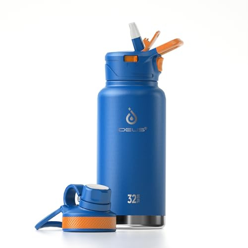 IDEUS Vacuum Insulated Water Bottle 950ml/32oz, Leak-Proof Stainless Steel Water Bottle, Double Wall Flask, Metal Sports Canteen with 2 Lids