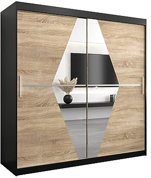 E- MEUBLES Armoire de Chambre avec 2 Portes coulissantes et Miroir Style Contemporain Penderie (Tringle) avec étagères (LxHxP): 200cmx200cmx62cm BOLA (Noir + Chêne Sonoma)