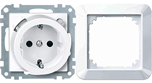 Merten 1329426 233819 FI-SCHUKO-Sicherheitssteckdosen-Einsatz mit BRS, polarweiß glänzend, System M & 389119 1-M-Rahmen, 1fach, polarweiß glänzend, 1x 1