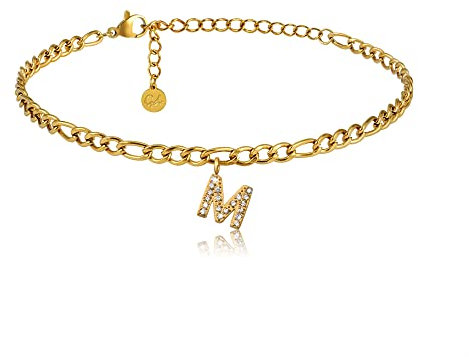 GD GOOD.designs Fußkettchen Gold mit Buchstaben M wasserfest mit 18K Vergoldung I Fussbändchen für Damen verstellbar aus Edelstahl (Buchstabe M) - Valentinstag - Geschenk für Sie