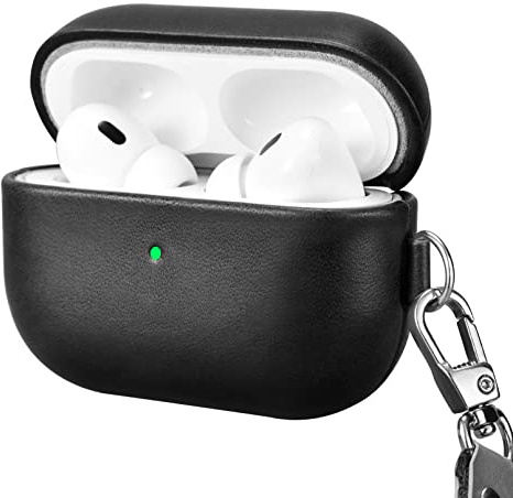 Leder Hülle für AirPods Pro 2 2022, ICARERFAMILY Premium Echtleder Stoßfeste Schutzhülle für AirPods Pro 2 Kopfhörer Ladetasche mit Loch (LED sichtbar) Unterstützung Wireless Ladegerät-Schwarz