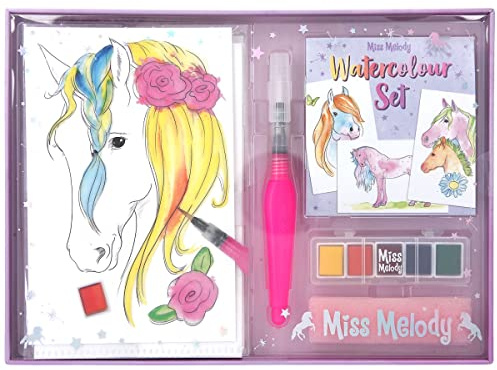 Depesche 12107 Miss Melody - Aquarellfarben-Set mit 20 Blatt Motivvorlagen auf Aquarell-Papier, kreatives Mal-Set mit 5 Wassermal-Farben, Pinselstift und Schwamm