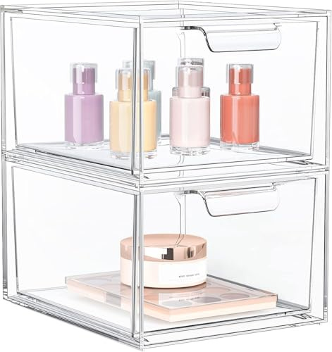 SpaceHacks 2 Pack Stackable Makeup Organizer and Storage, Acrylic Organizers，Clear Plastic Storage Drawer with Handles for Vanity, Undersink, Kitchen Cabinets, Pantry