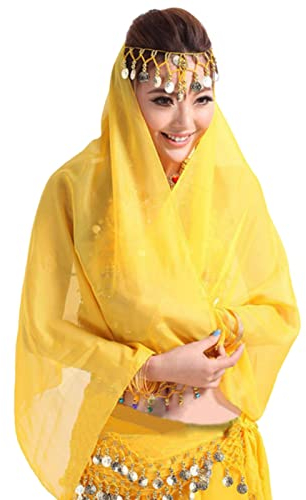 Hotfiary Chiffon Bauchtanz Kopftuch für Frauen mit Münzen Retro Kopfbedeckung Schal Kopfschmuck Bauchtanz Kostümzubehör